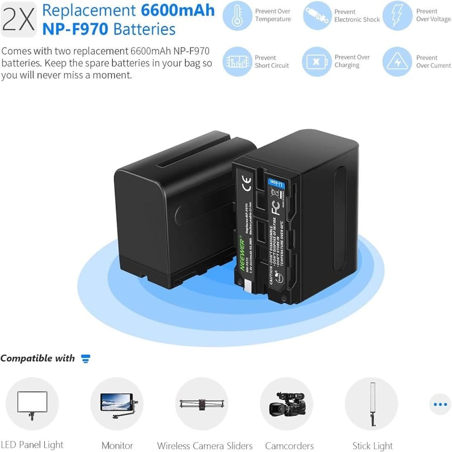 NEEWER Dual USB Fast Charger with 2 x 6600mAh NP-F970 Replacement Batteries