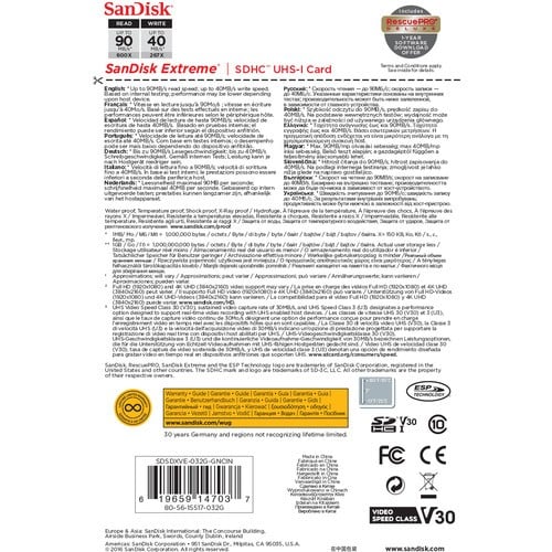 SanDisk 32GB Extreme SDHC UHS-I Memory Card - 90MB/s, C10, U3, V30, 4K UHD, SD Card - SDSDXNE-016G-GNCIN
