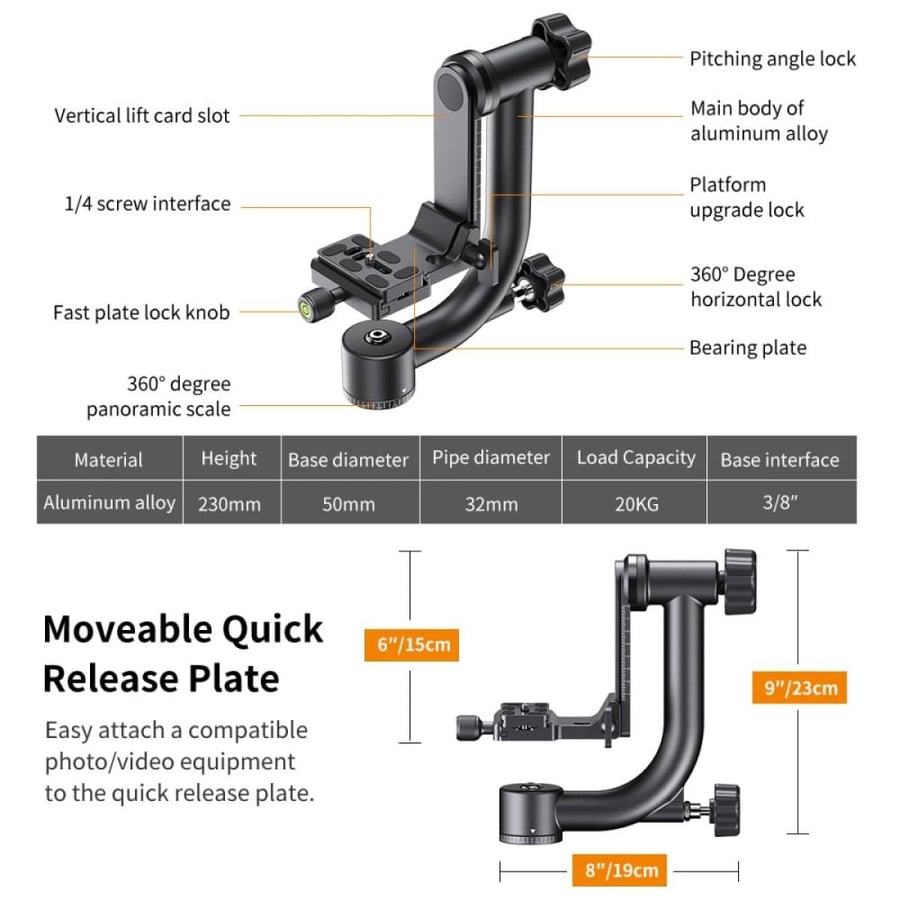 K&F CONCEPT BIRD-SHOOTING & SPORT WATCHING TRIPOD GIMBAL HEAD (MAX LOAD 20KG)