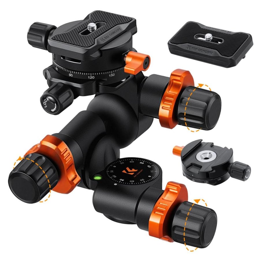 K&F Concept Geared Tripod Head, 360°Panoramic 3-Way Ballhead with Quick Release Plate