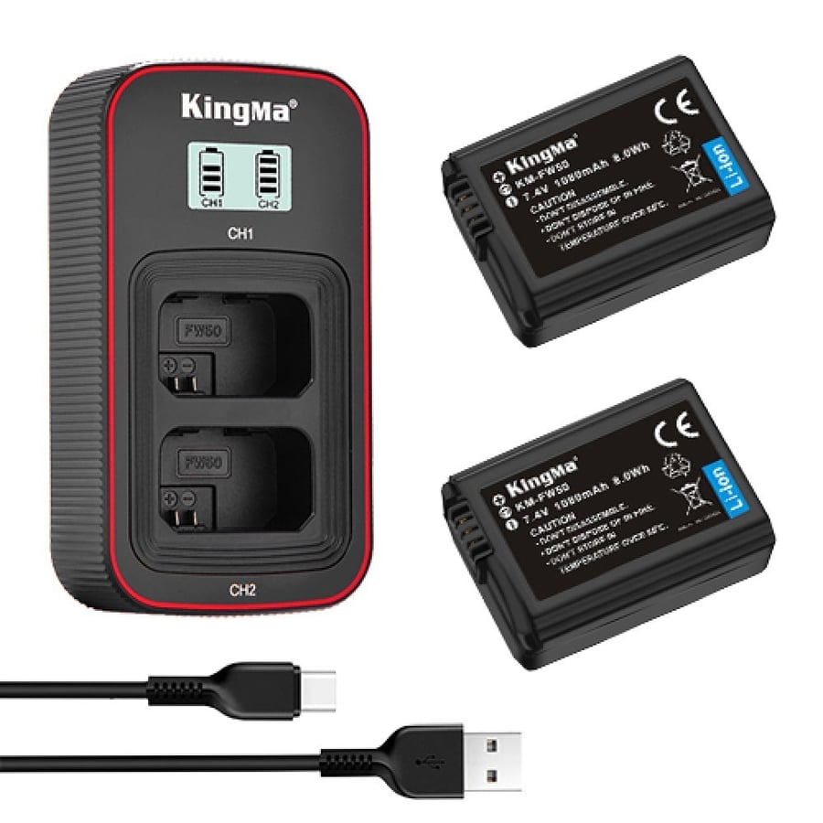 KingMa NP-FW50 2-Pack Battery and LCD Dual Charger Kit for Sony A7 A7R2 A7M2 A6300 A6000 A5000