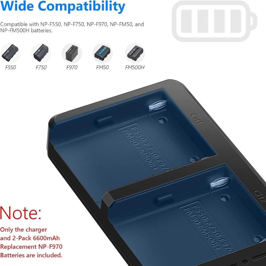 NEEWER Dual USB Fast Charger with 2 x 6600mAh NP-F970 Replacement Batteries
