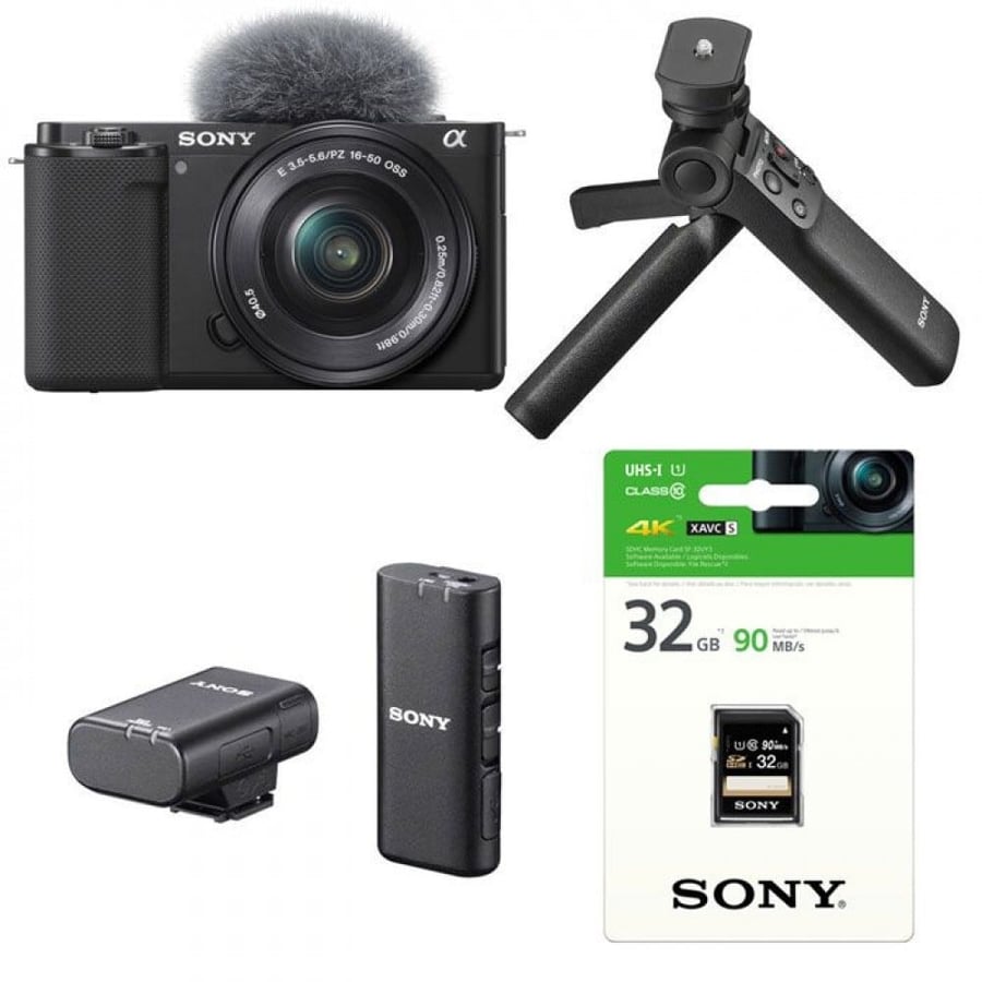 طقم كاميرا سوني ZV-E10 مع عدسة 16-50mm وقبضة تصوير ومايك لاسلكي وذاكرة 32GB