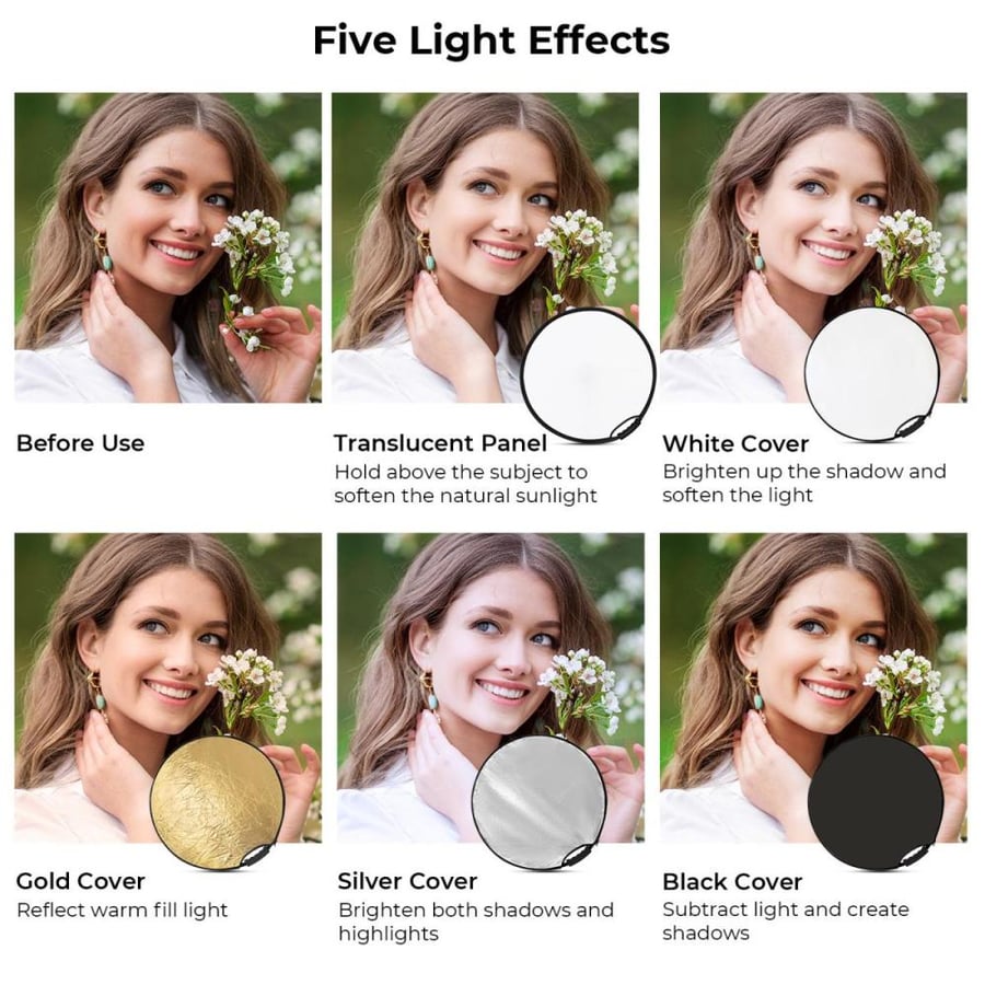 (K&F Concept 5-in-1 Circular Reflector with Handle 80cm (Gold Silver Black White Translucent