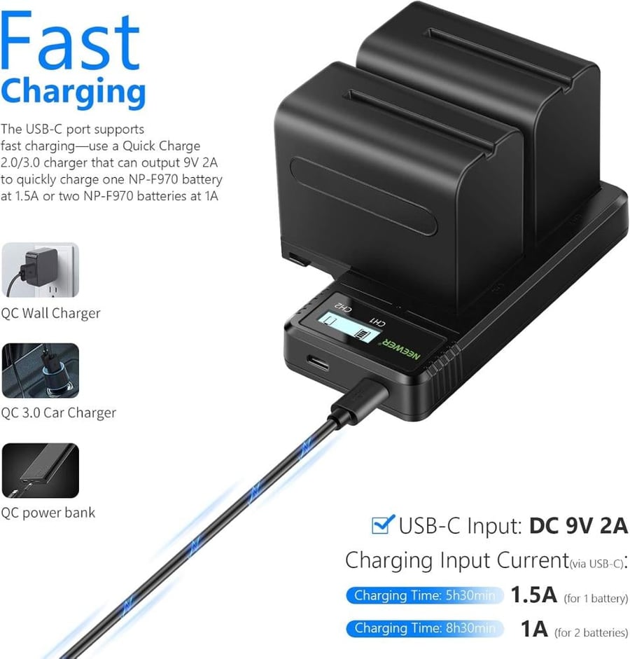 NEEWER Dual USB Fast Charger with 2 x 6600mAh NP-F970 Replacement Batteries