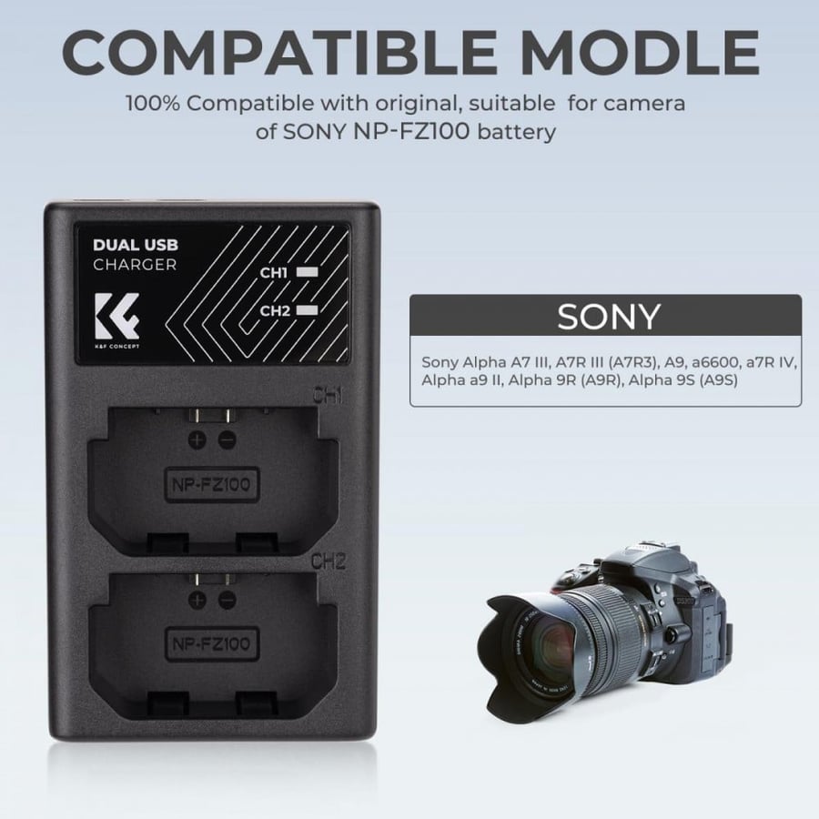 K&F Concept NP-FZ100 Dual Slot Quick Charger, Micro USB and Type-C Dual Interface