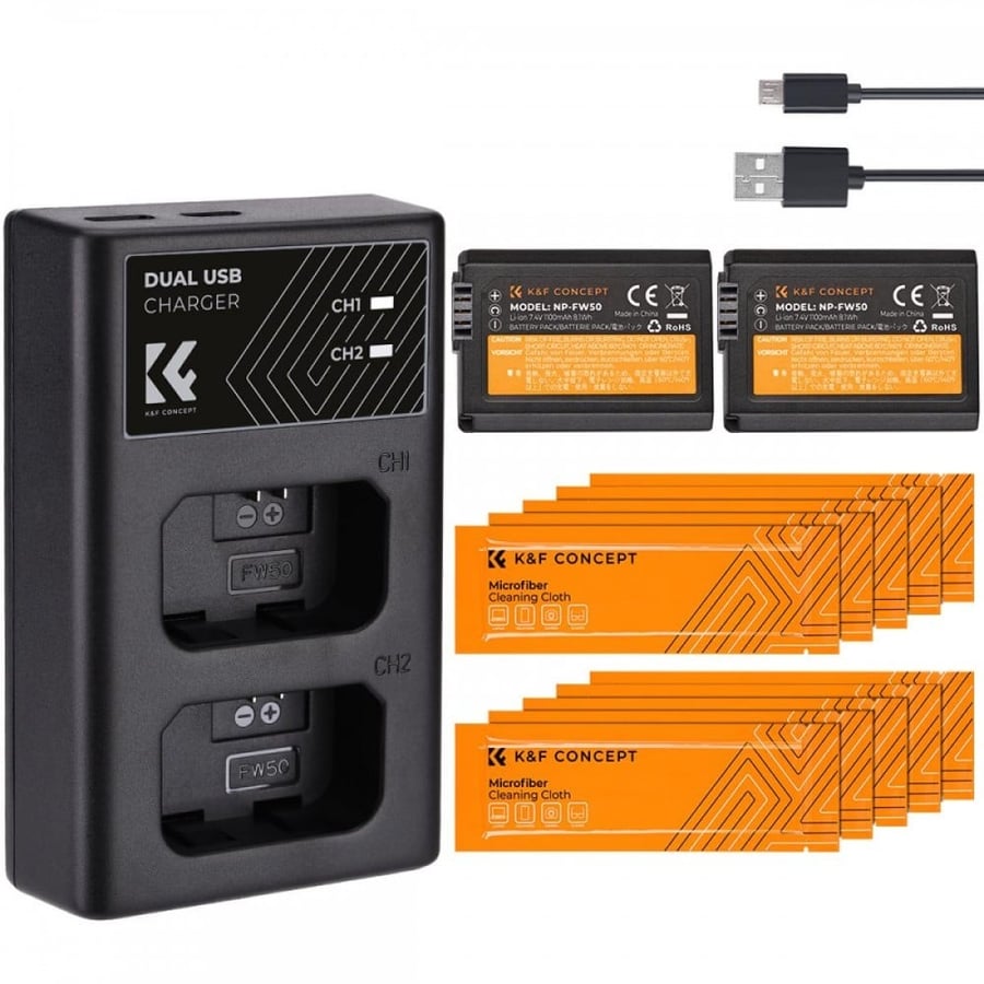 K&F Concept LP-FW50 rechargeable battery 2pcs + charger + 10pcs cleaning cloth kit compatible with Sony