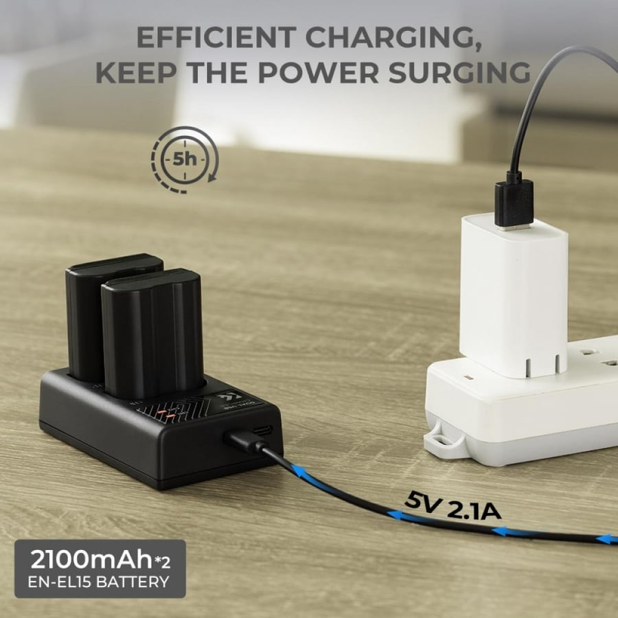 K&F Concept EN-EL15 rechargeable battery 2pcs + charger kit compatible with Nikon
