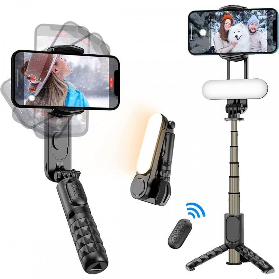K&F Concept Smartphone Gimbal Stabilizer with Detachable Fill Light, Retractable Wireless Selfie Stick and Tripod