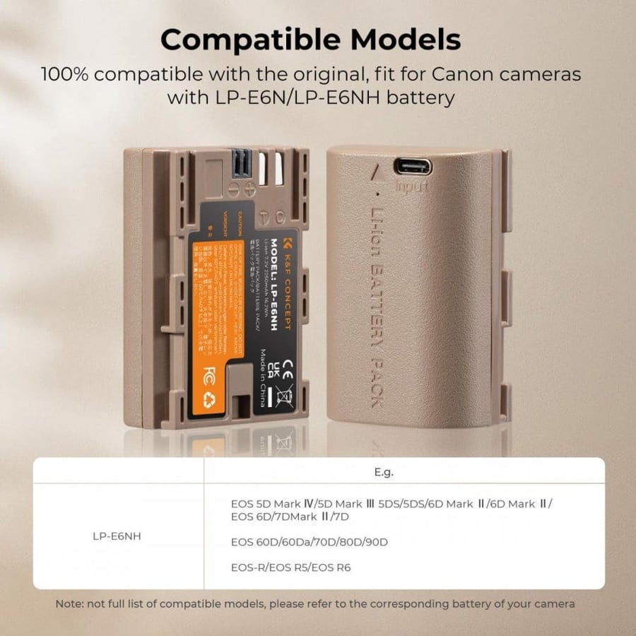 K&F Concept LP-E6NH Battery with Type C Direct Charge Interface (1 Battery)