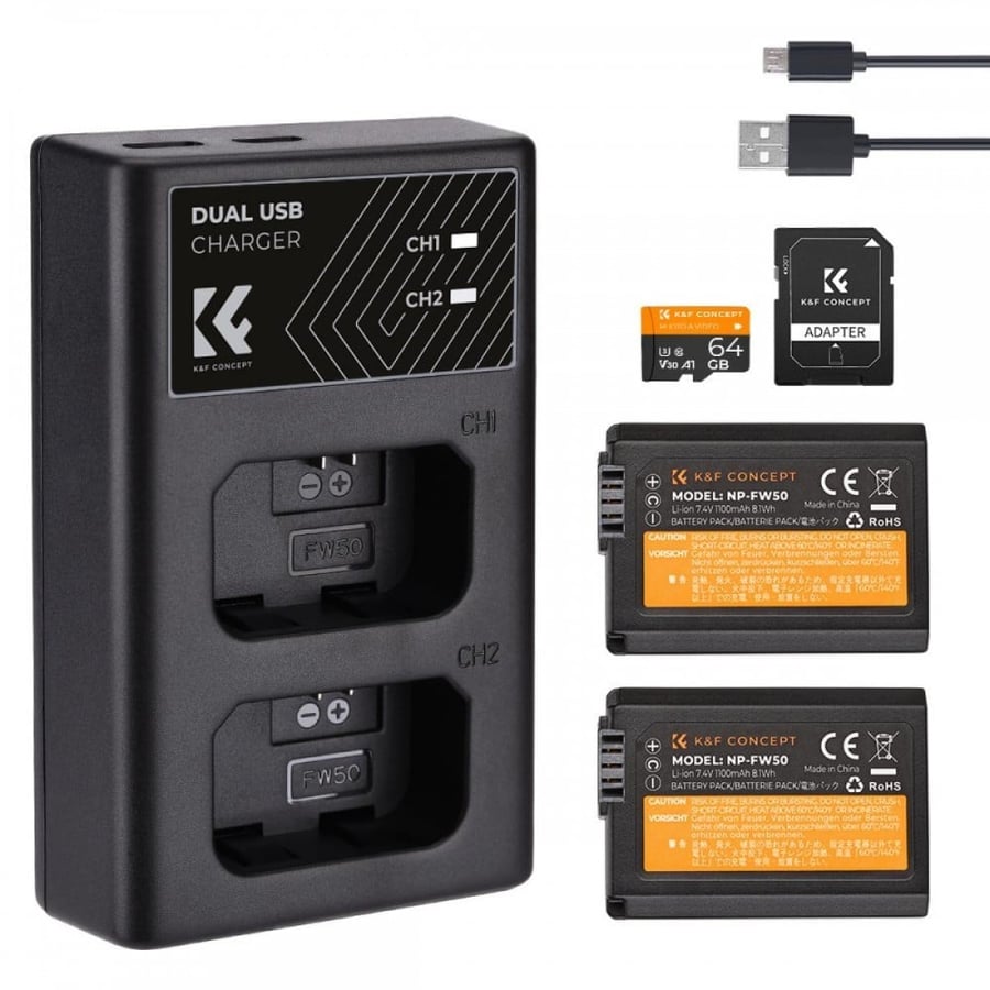 K&F Concept NP-FW50 rechargeable battery 2pcs + charger + 64GB micro SD card kit compatible with Sony