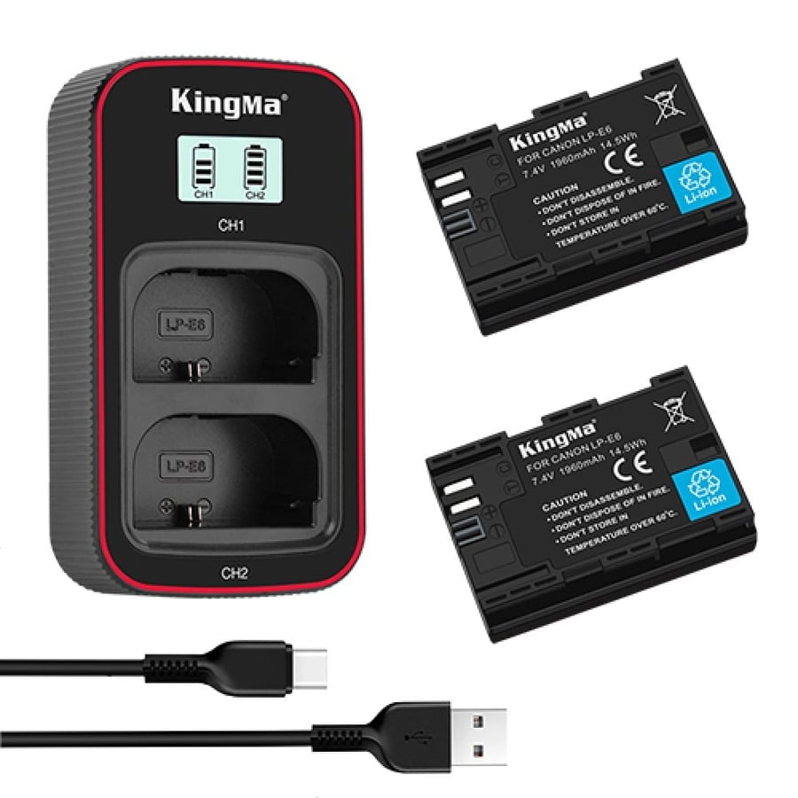 KingMa LP-E6 2-Pack Battery and LCD Dual Charger Kit for Canon EOS R6 R5 5D4 80D 5D2 5D3 70D 60D