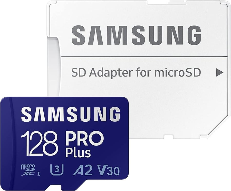 SAMSUNG PRO Plus + Adapter 128GB microSDXC Up to 160MB/s UHS-I, U3, A2, V30, Full HD & 4K UHD Memory Card for Android Smartphones, Tablets, Go Pro and DJI Drone