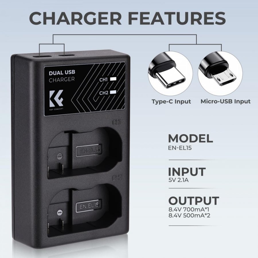 K&F Concept EN-EL15/EN-EL15a/EN-EL15b Dual Slot Quick Charger, Micro USB and Type-C Dual Interface