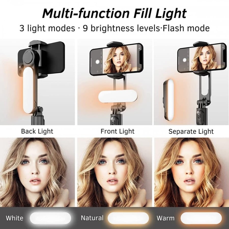 K&F Concept Smartphone Gimbal Stabilizer with Detachable Fill Light, Retractable Wireless Selfie Stick and Tripod