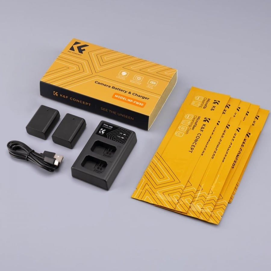 K&F Concept LP-FW50 rechargeable battery 2pcs + charger + 10pcs cleaning cloth kit compatible with Sony