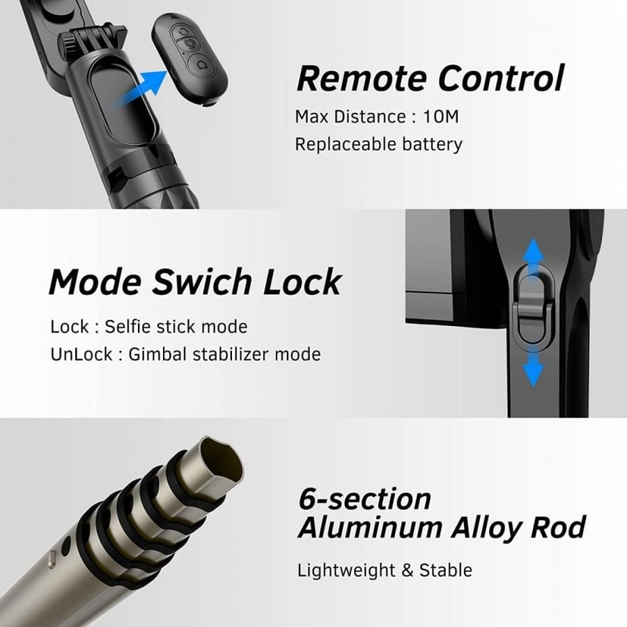 K&F Concept Smartphone Gimbal Stabilizer with Detachable Fill Light, Retractable Wireless Selfie Stick and Tripod