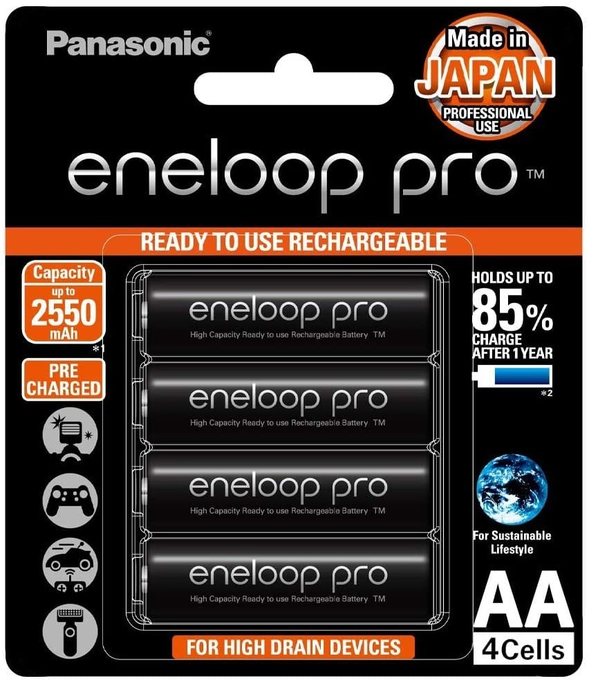 Panasonic eneloop pro AA High Capacity Ni-MH Pre-Charged Rechargeable Batteries, 4 Pack, Black