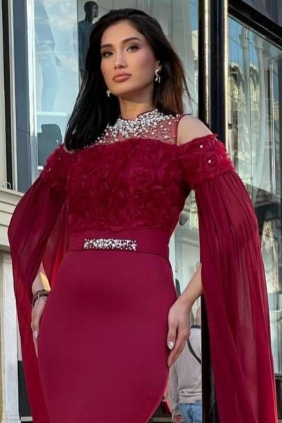 فستان نسائي سهره تطريز يدوي راقي لون احمر غامق Dior