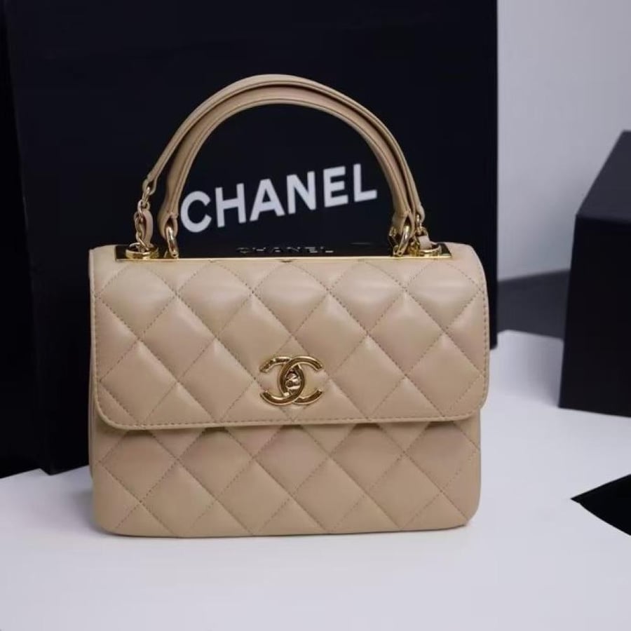 Chanel Quilted Top Handle Flap Bag with Metal Plate