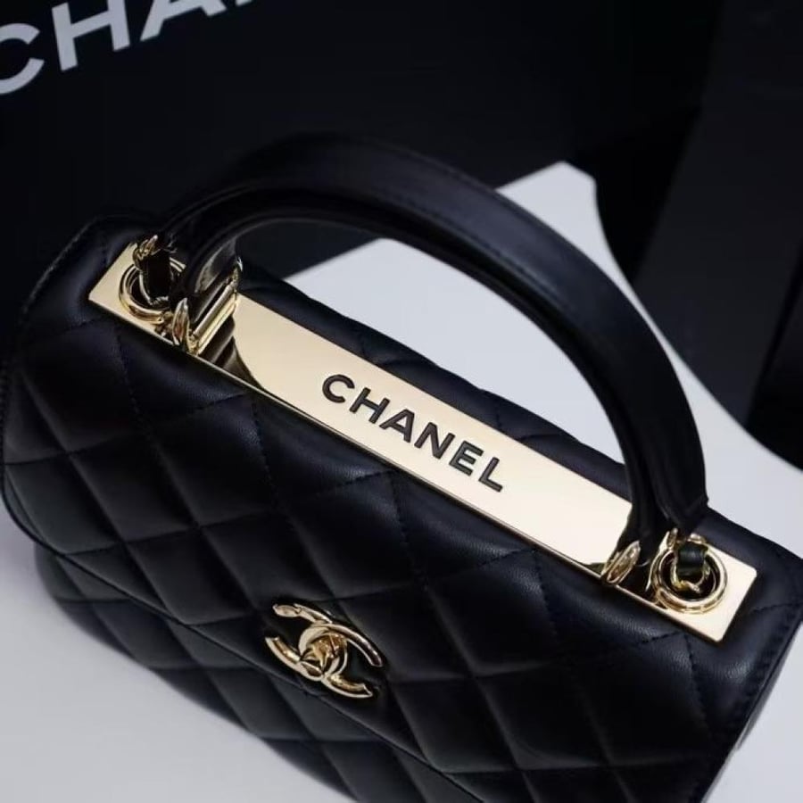 Chanel Quilted Top Handle Flap Bag with Metal Plate