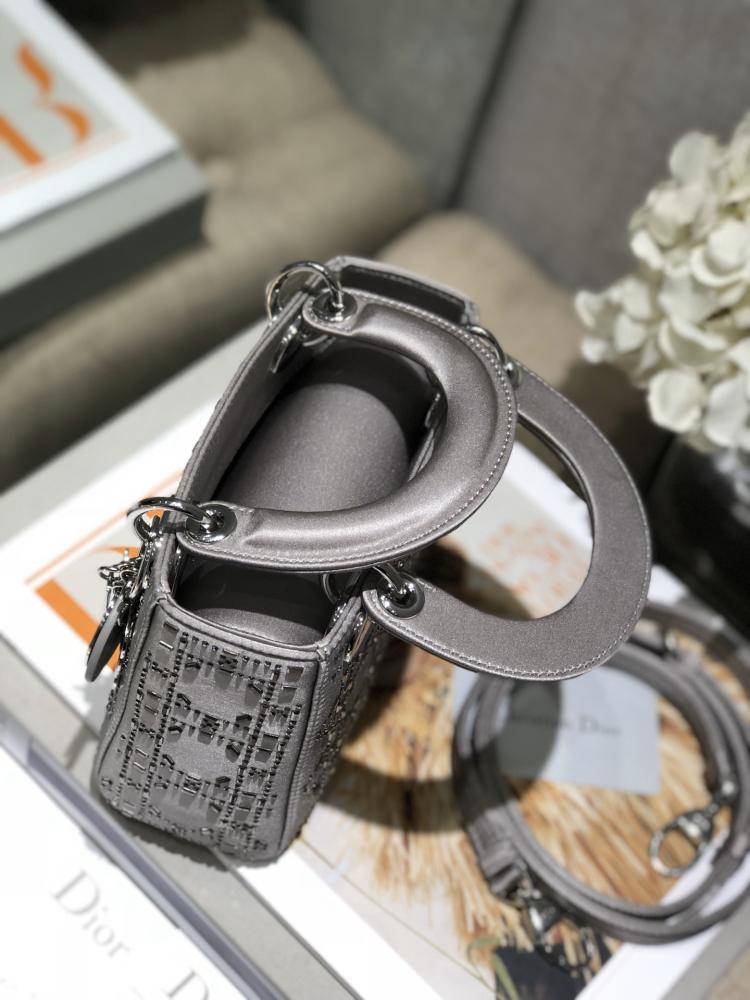 ليدي ديور الحريري المرصع الفضي | Lady Dior Silver Satin Rhinestones