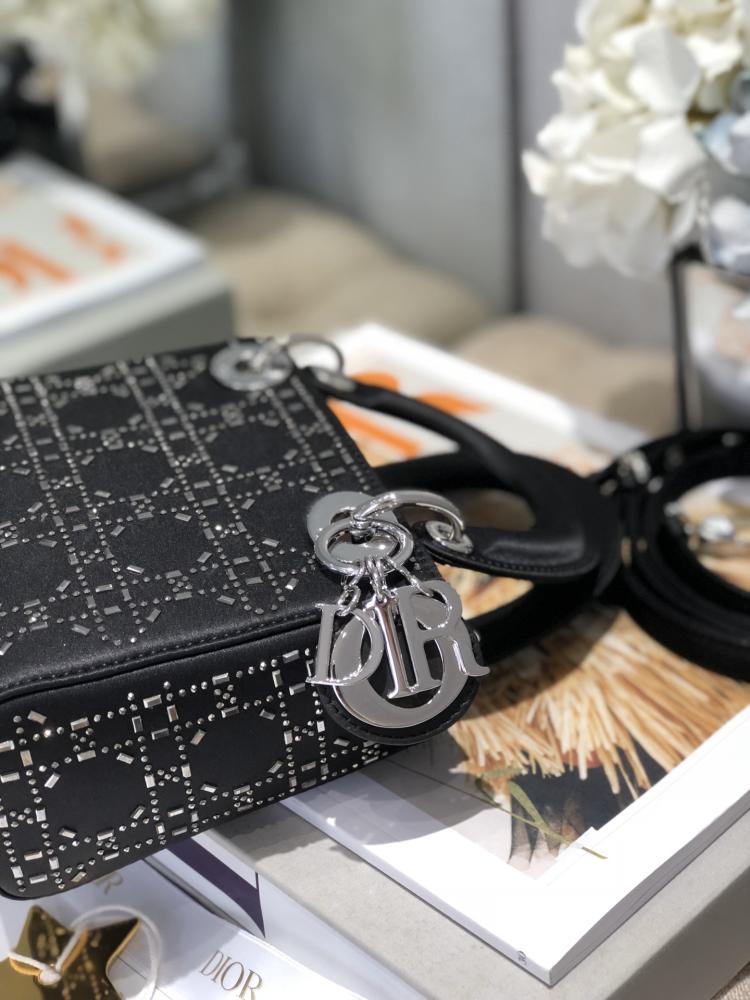 ليدي ديور الحريري المرصع الأسود | Lady Dior Black Satin Rhinestones