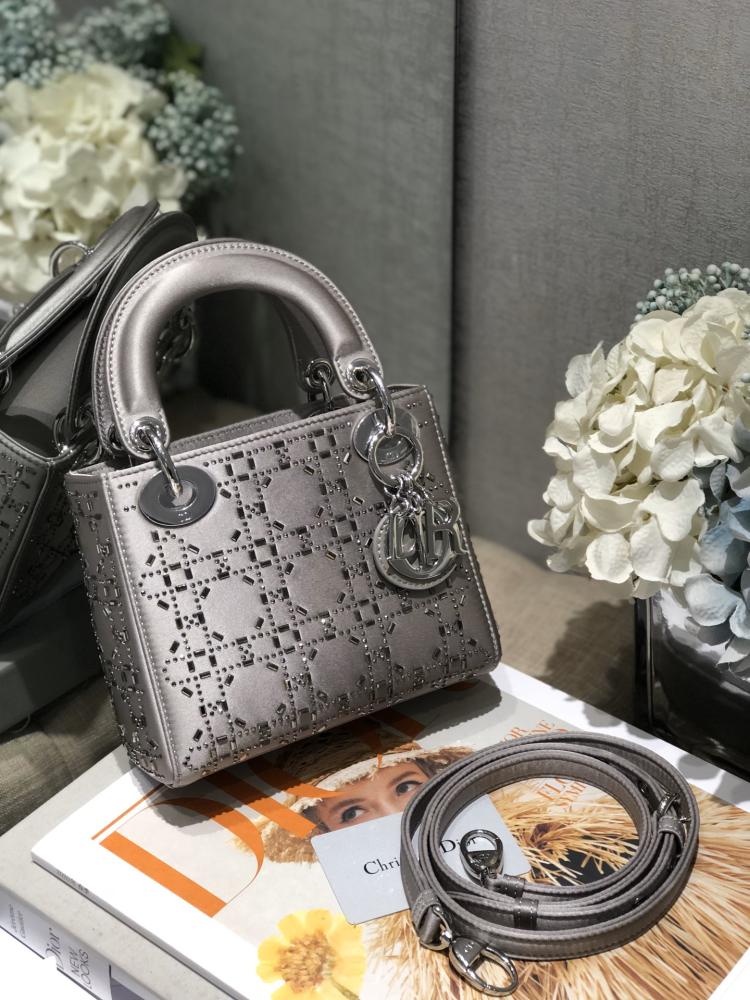 ليدي ديور الحريري المرصع الفضي | Lady Dior Silver Satin Rhinestones