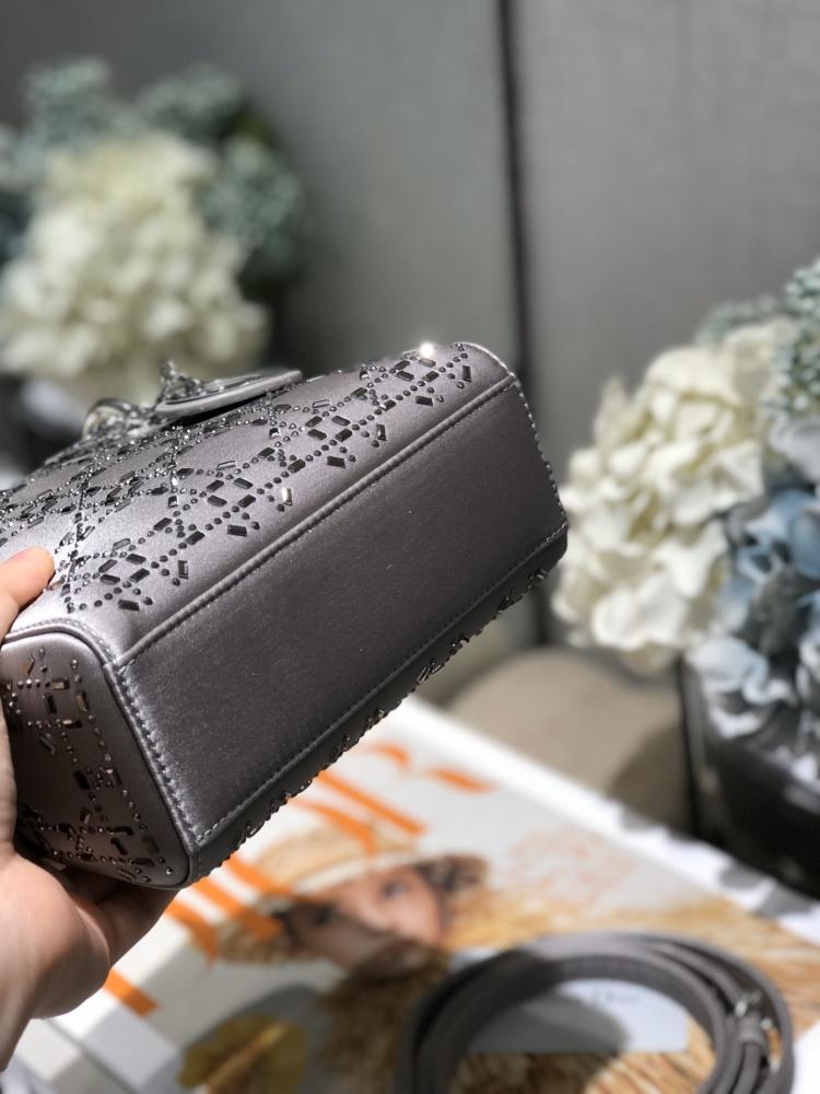 ليدي ديور الحريري المرصع الفضي | Lady Dior Silver Satin Rhinestones