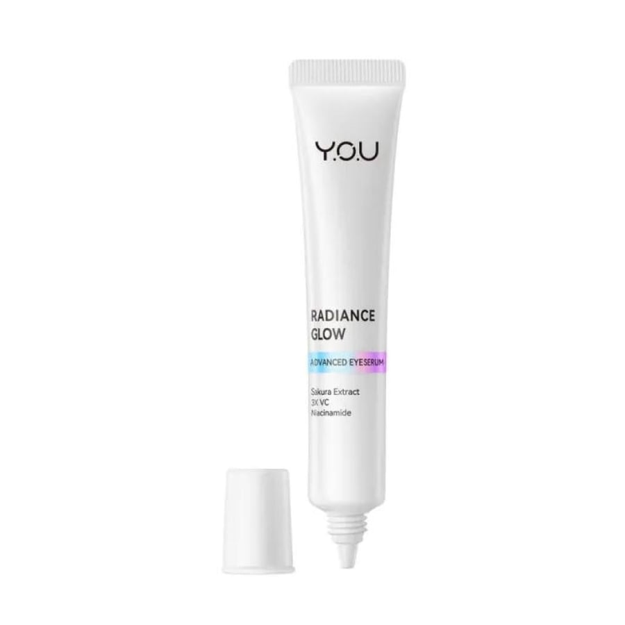 Advanced eye serum Radiance Glow with lightweight serum texture, enriched with 3X vitamin C, niacinamide, sakura extract, collagen, and peptides