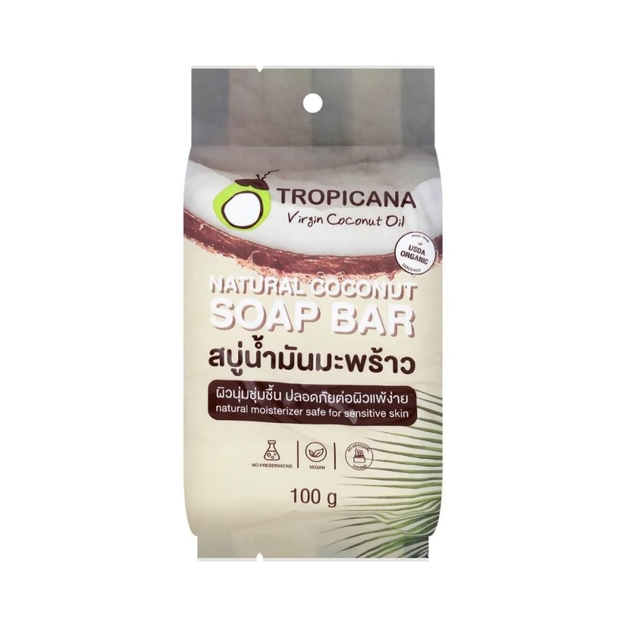 صابونة زيت جوز الهند الطبيعية من علامة تروبيكانا (Tropicana Natural Coconut Soap Bar) بحجم 50 غرام، المصنوعة من زيت جوز الهند البكر لتنظيف البشرة وترطيبها بلطف