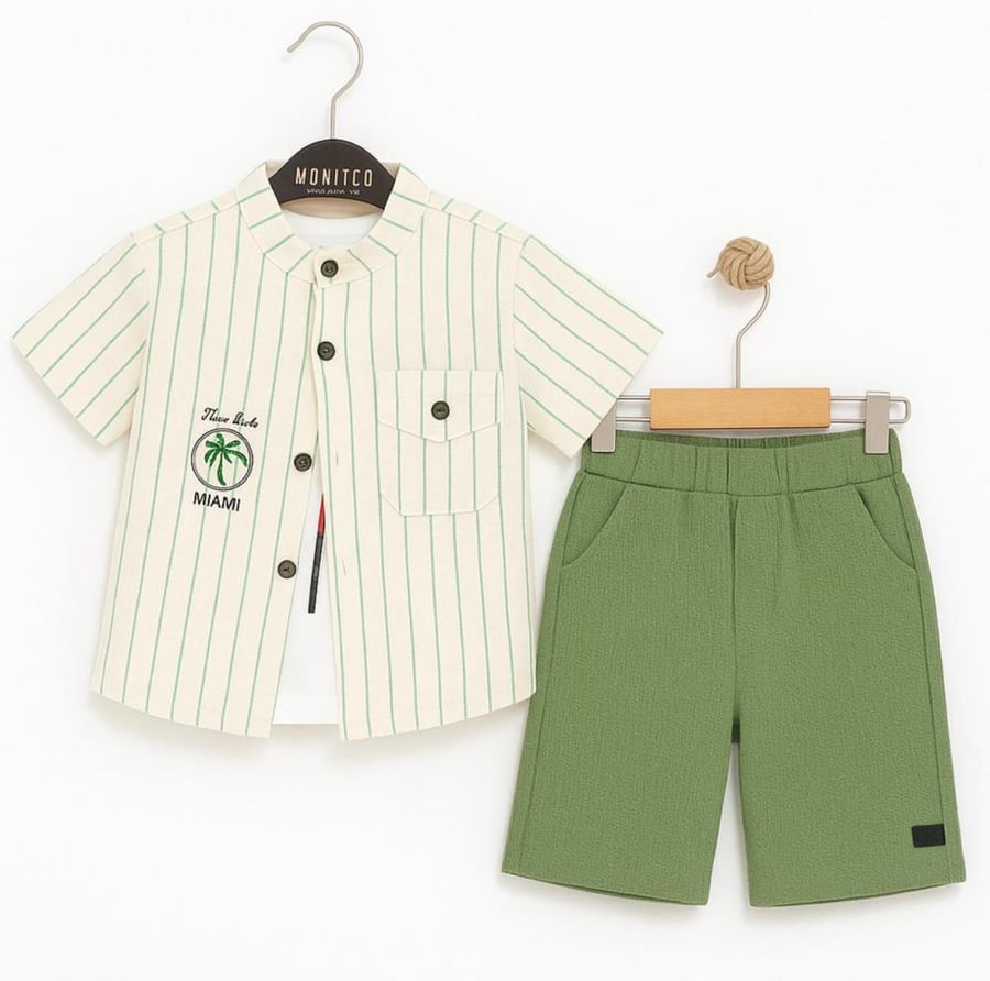 Children's set of 3 pieces with shorts in olive color, size months, made in Turkey