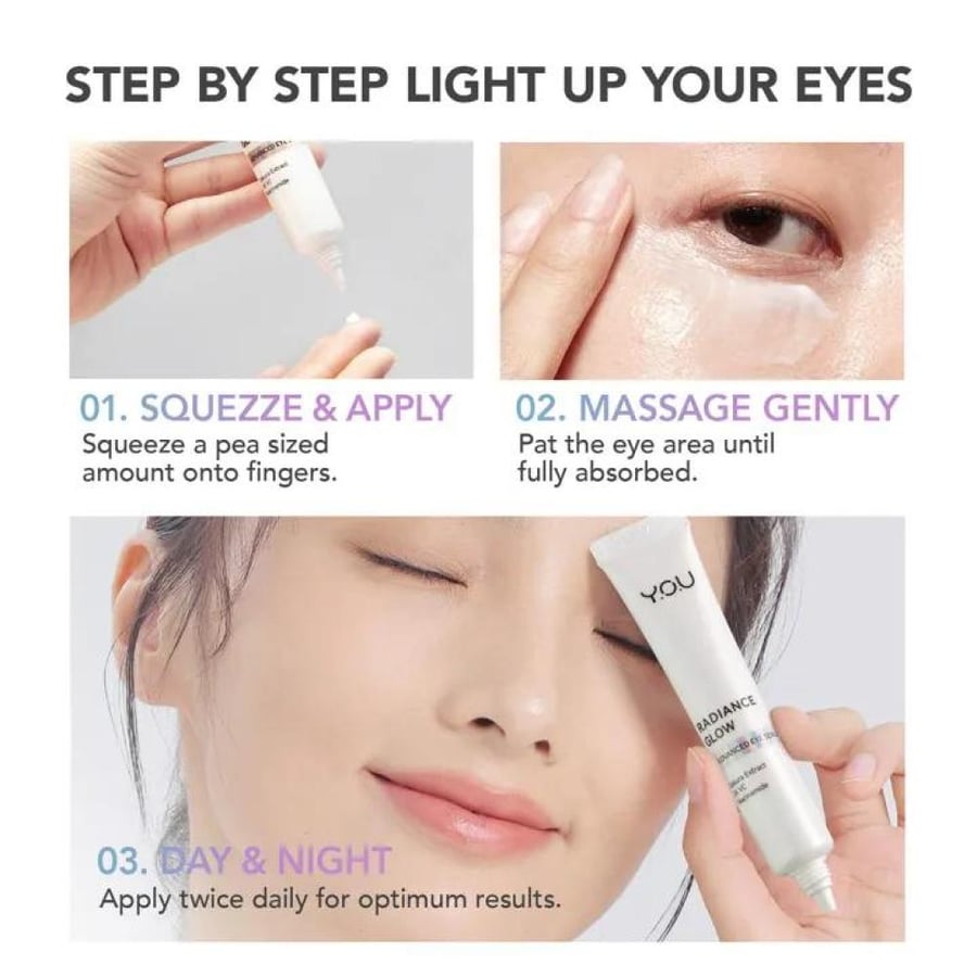 Advanced eye serum Radiance Glow with lightweight serum texture, enriched with 3X vitamin C, niacinamide, sakura extract, collagen, and peptides