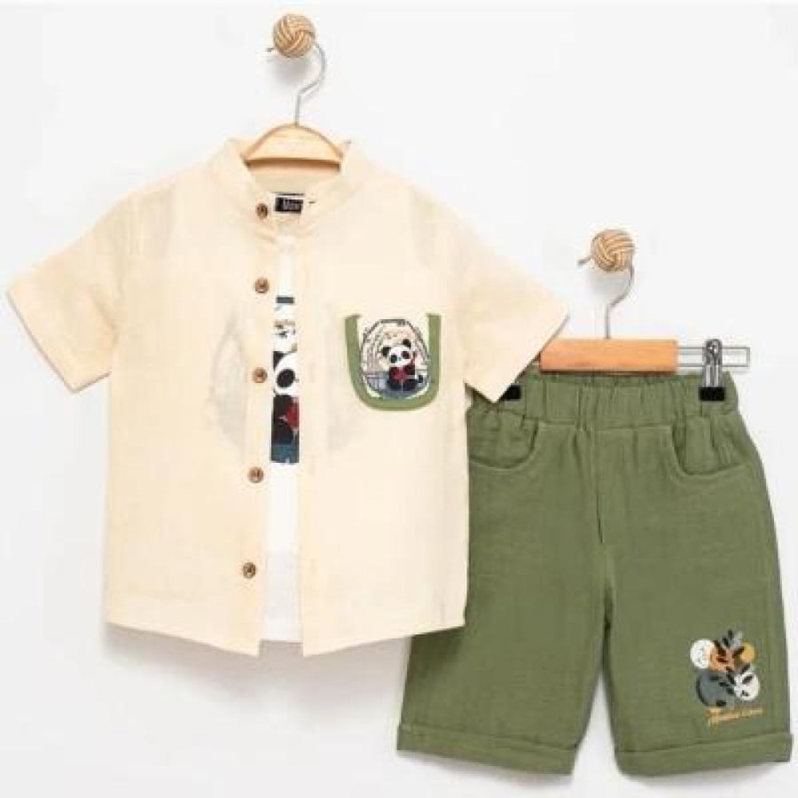 Children's set of 3 pieces with olive shorts, size, famous, made in Turkey