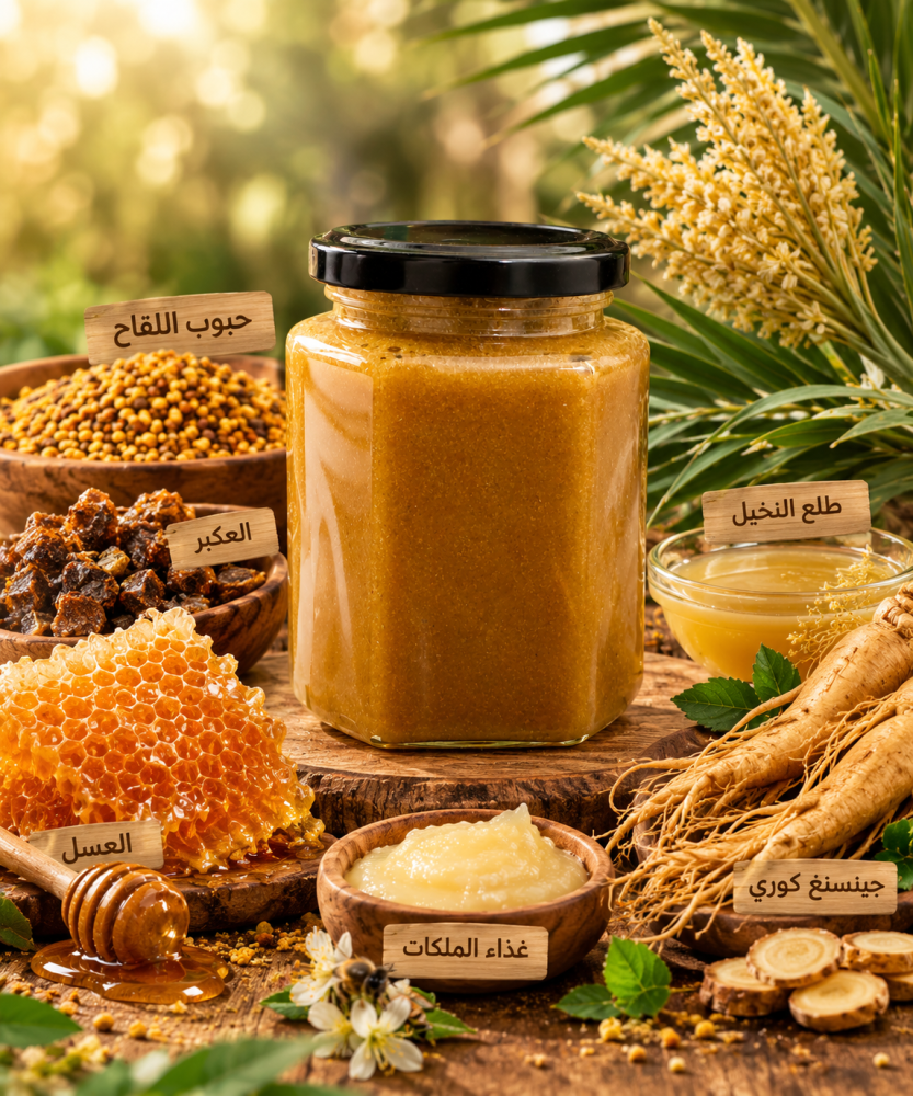 خلطة القوة ٢٥٠ جرام خلطة القوة ٢٥٠ جرام عسل وجينسينج و حبوب لقاح و غذاء ملكات وطلع النخيل وعكبر