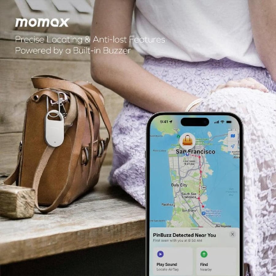 موماكس - إنذار شخصي مضاد للسرقة مع Apple Find My وصافرة  PinBuzz - أبيض