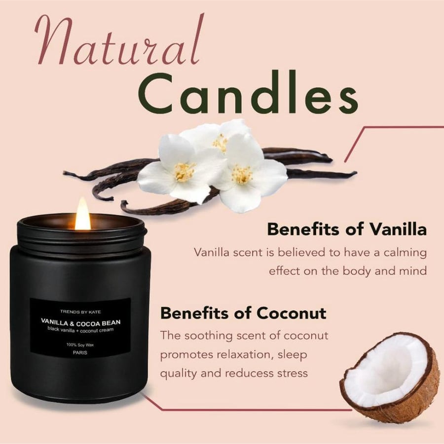 A scented candle holder with vanilla scent and cocoa beans