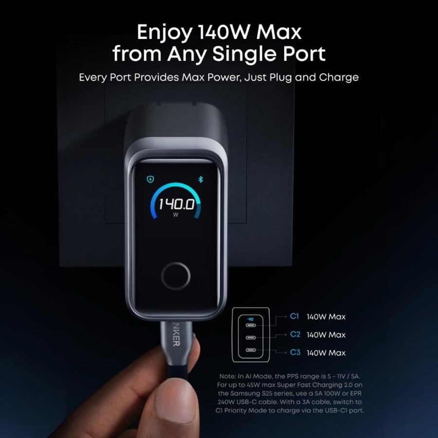 شاحن جداري أنكر 160 واط بثلاثة منافذ USB C وشاشة رقمية يظهر موصولا