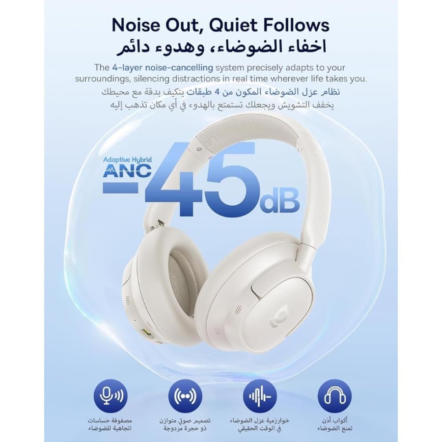 بيسوس - سماعة رأس لاسلكية بعزل ضوضاء -45 dB وبطارية 80 ساعة - ابيض