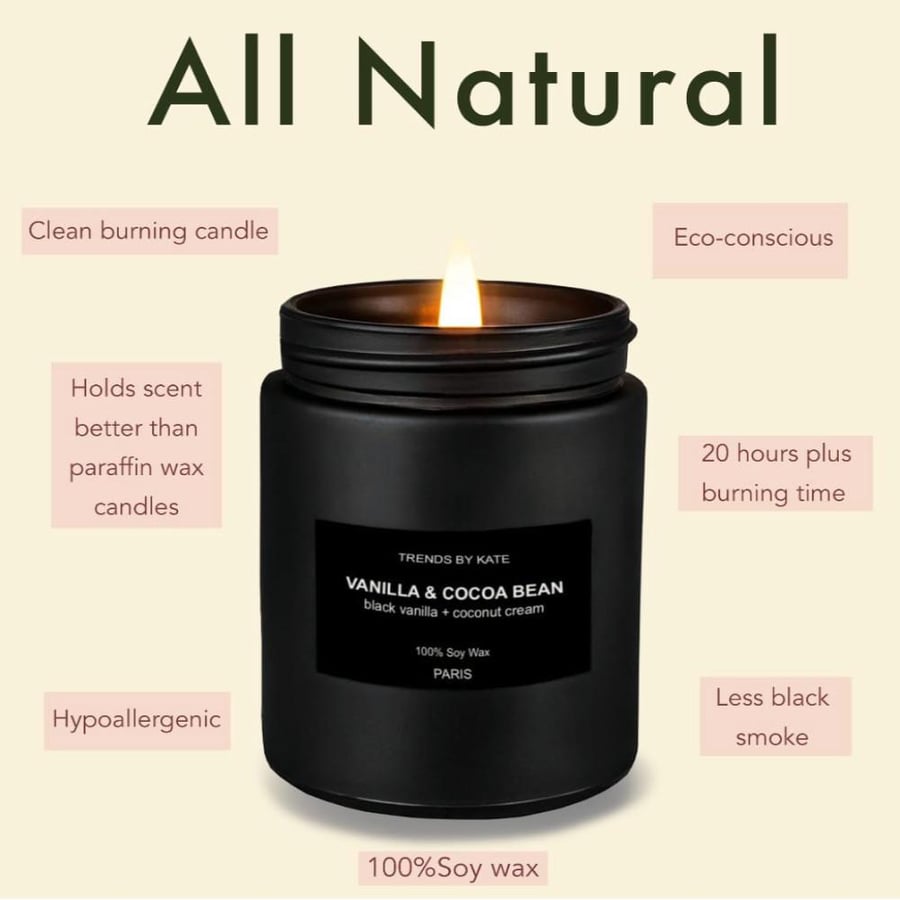A scented candle holder with vanilla scent and cocoa beans