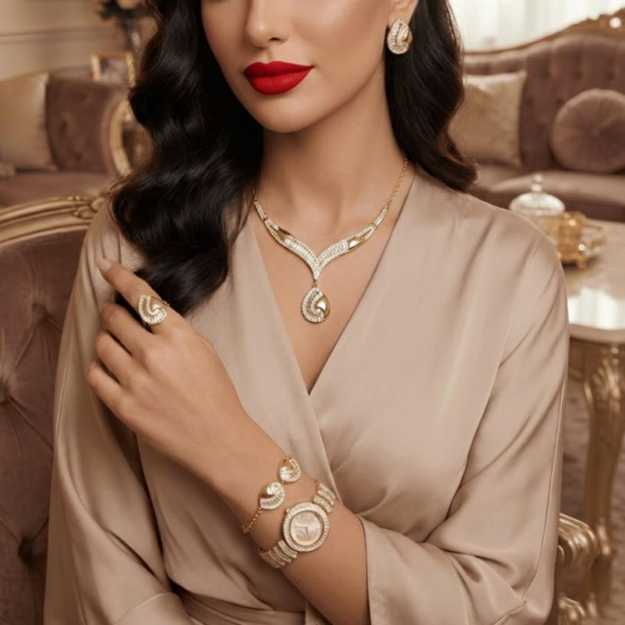 طقم اكسسوار نسائي فاخر بلون ذهبي