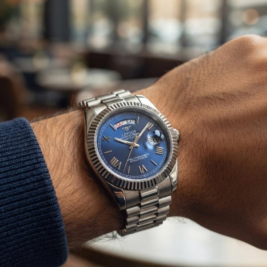 ساعة رجالية DAY DATE باللون الأزرق