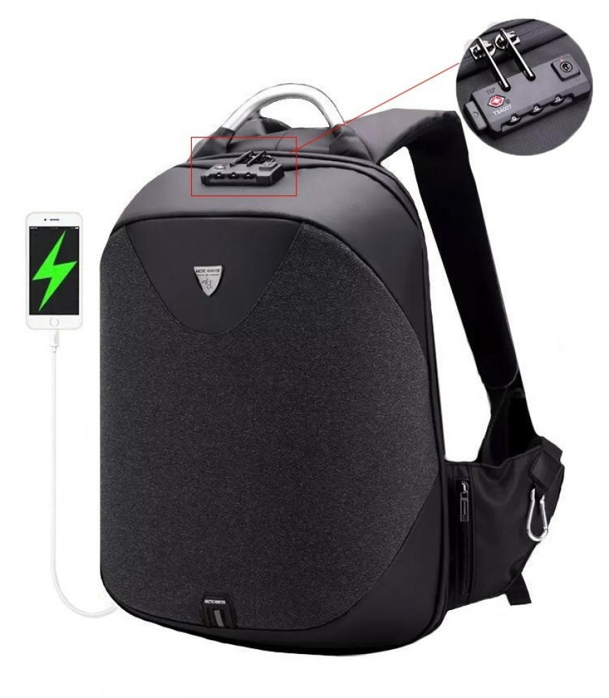 حقيبة ظهر لابتوب ذكية بقفل حماية ومنفذ USB لون أسود