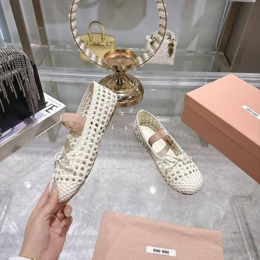 Mary Jane ballerina shoe from Miu Miu, luxurious woven leather