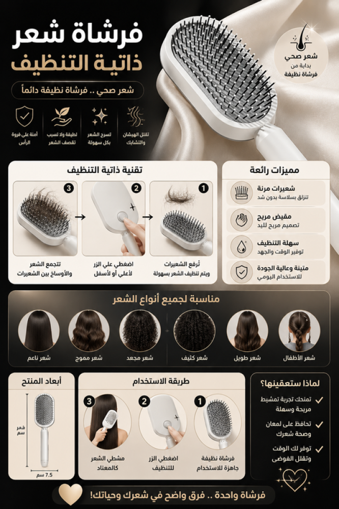 فرشاة شعر لفك التشابك تساعد على تمشيط الشعر بسهولة ونعومة، تقلل التقصف والتساقط مكن اثير