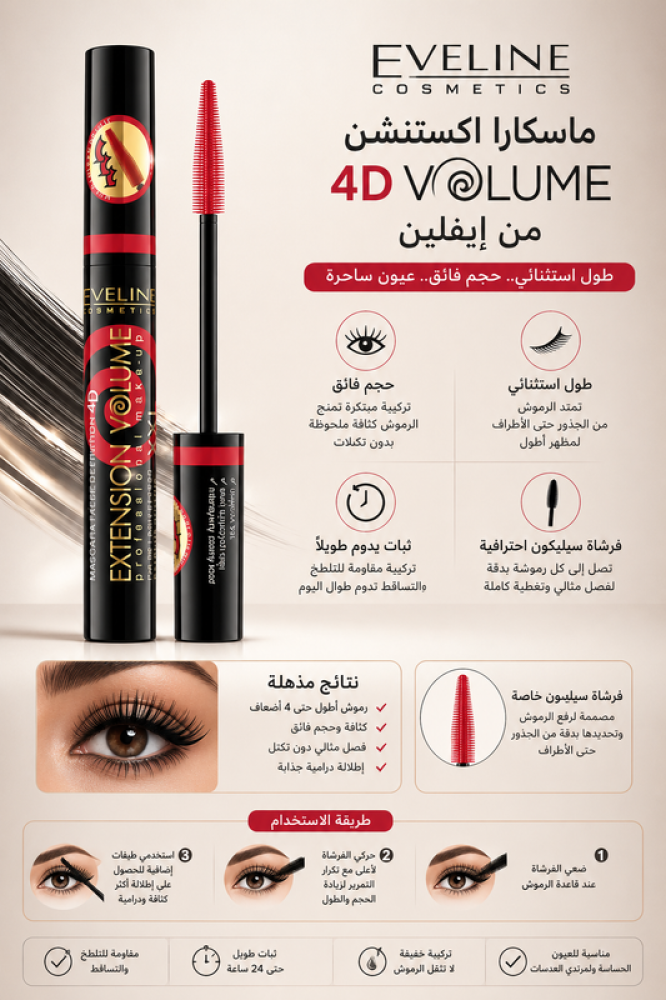 ماسكارا 4D تكثيف XXL وطول ملحوظ للرموش من إيفيلين
