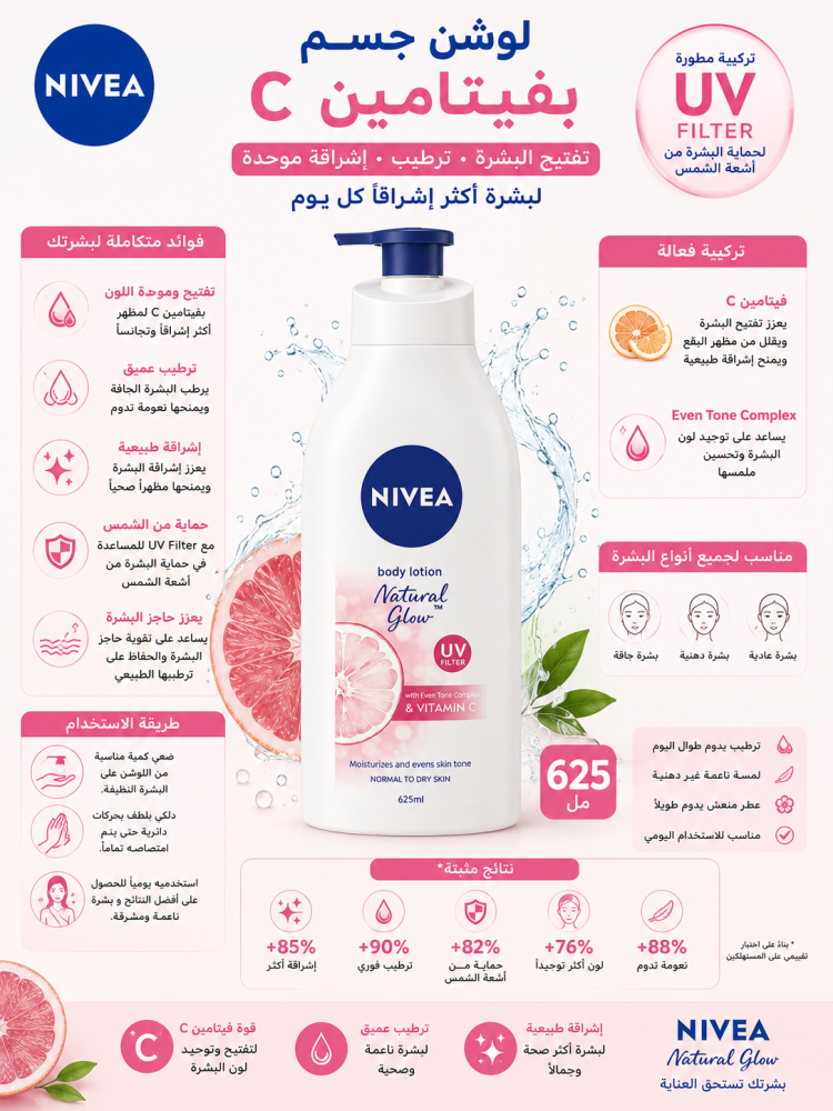 لوشن جسم بفيتامين سي لتفتيح البشرة 625 مل ترطيب واشراقة موحدة للبشرة من نيفيا