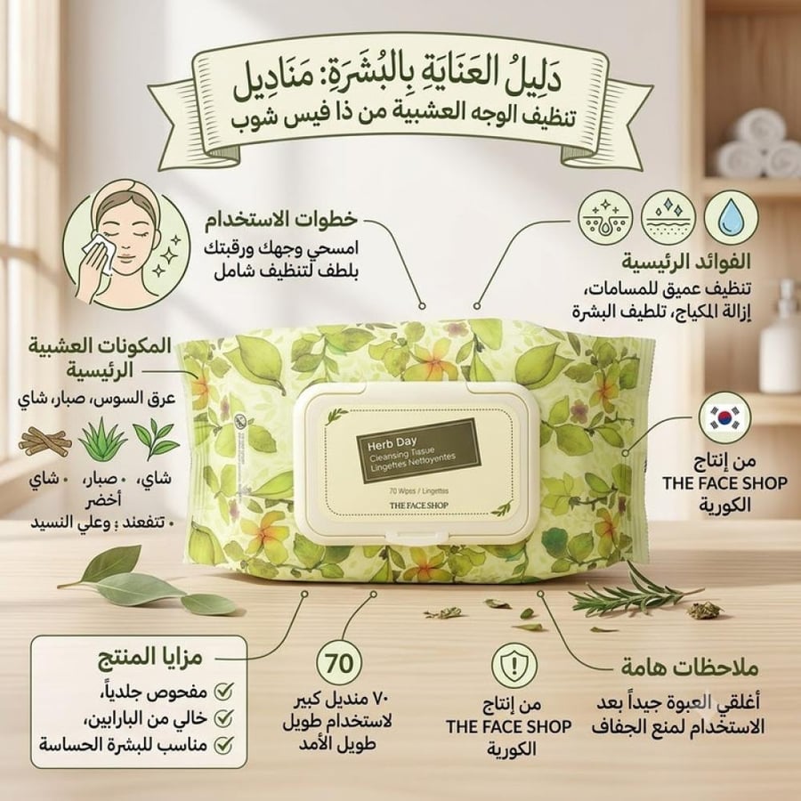 مناديل تنظيف يومية بالأعشاب 70 منديل تساعد على تنظيف البشرة بلطف وإنعاشها من ذا فيس شوب
