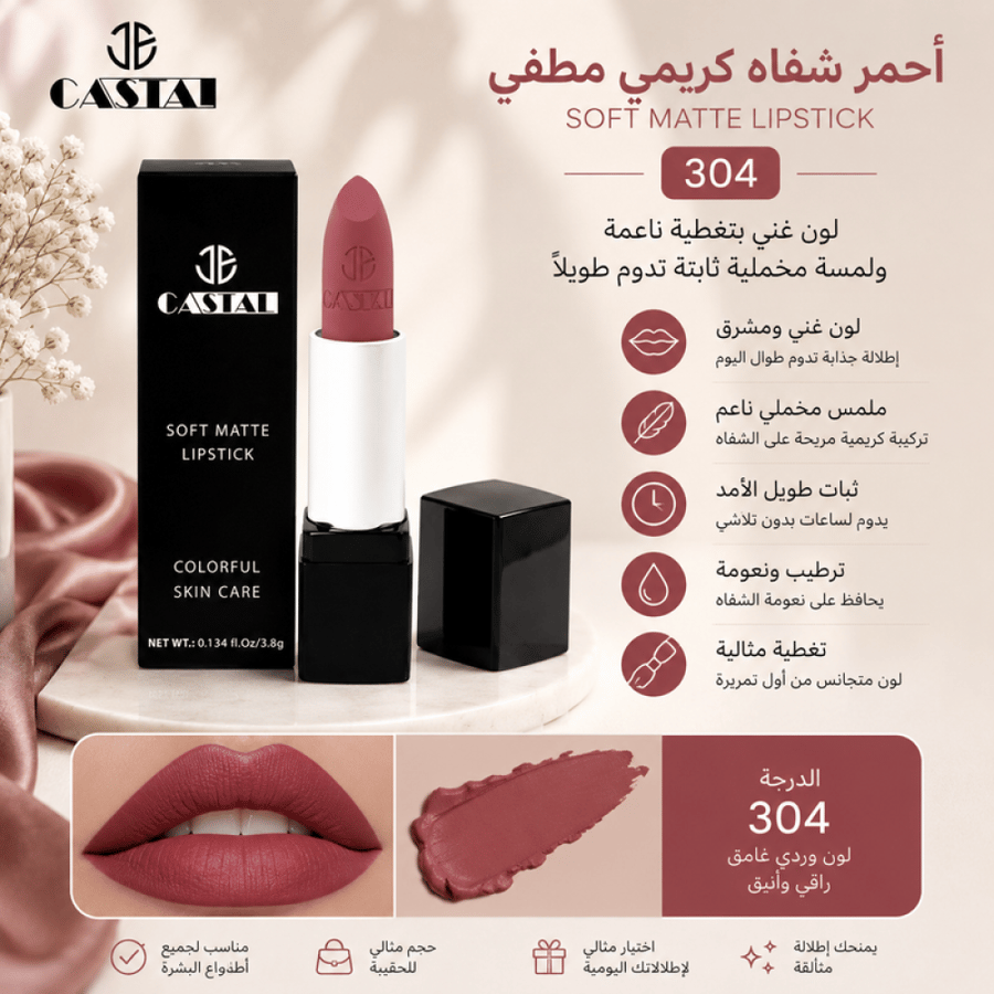 أحمر شفاه كريمي مطفي 304 يمنح لونًا غنيًا بتغطية ناعمة ولمسة مخملية ثابتة تدوم طويلًا من جي كاستال