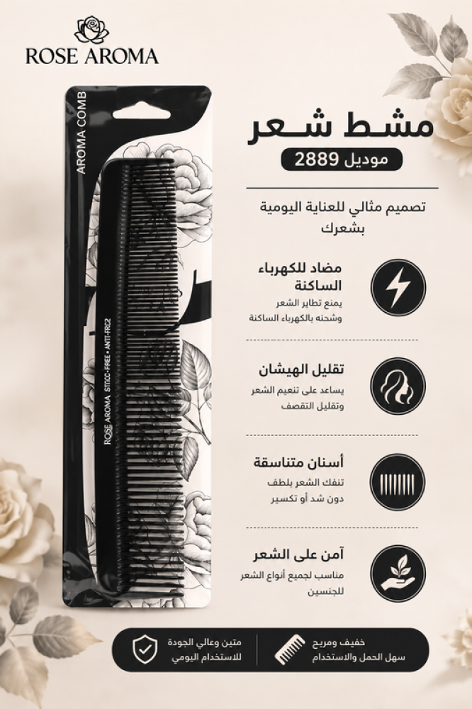 مشط شعر موديل 2889 مصنوع من ألياف الكربون المضادة للكهرباء الساكنة يساعد على تصفيف الشعر بسهولة وتقليل الهيشان من روز اروما